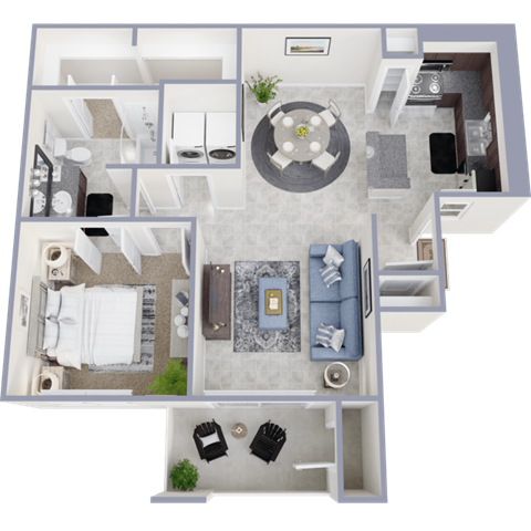 A 3D floor plan of a house with a living room, kitchen, dining area, and two bedrooms.